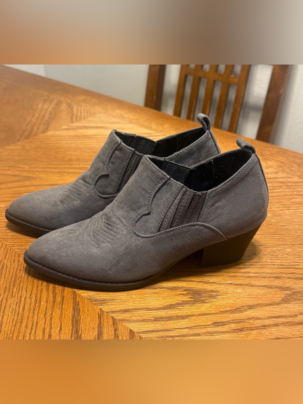 CL by Laundry Gray Western Ankle Booties | Faux Suede Slip-On Low Heel Boots